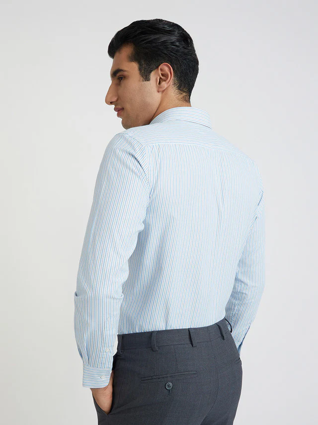 Park Avenue Blue Stripe Slim Fit Cotton Blend Formal Shirt - Image 4