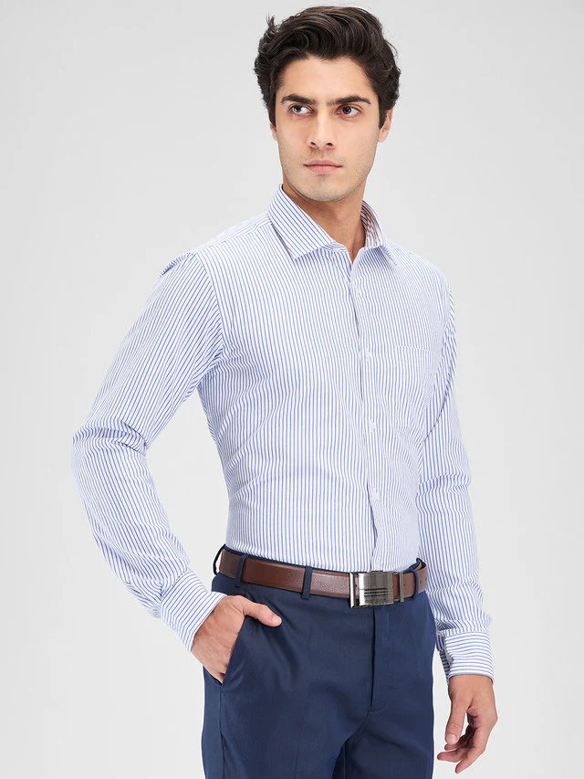 Park Avenue Blue Stripe Slim Fit Cotton Blend Formal Shirt - Image 2