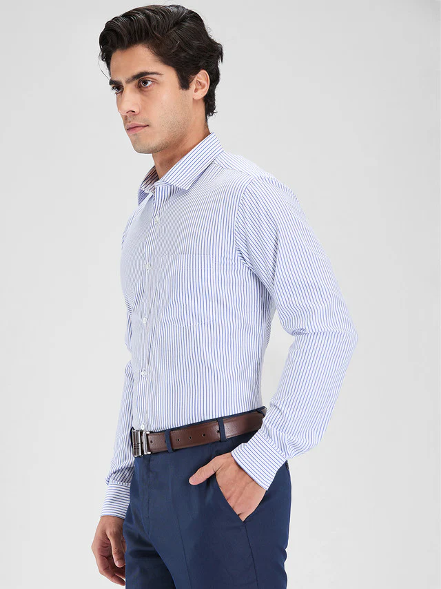 Park Avenue Blue Stripe Slim Fit Cotton Blend Formal Shirt - Image 3