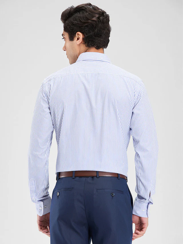 Park Avenue Blue Stripe Slim Fit Cotton Blend Formal Shirt - Image 4