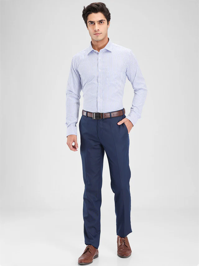 Park Avenue Blue Stripe Slim Fit Cotton Blend Formal Shirt - Image 5