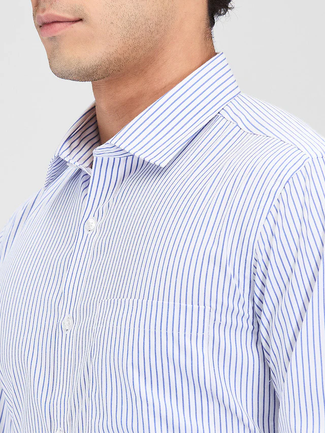 Park Avenue Blue Stripe Slim Fit Cotton Blend Formal Shirt - Image 6