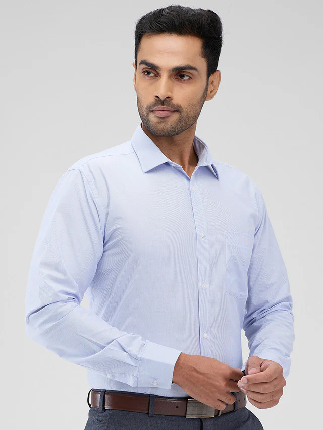 Park Avenue Blue Stripe Slim Fit Cotton Blend Formal Shirt - Image 2