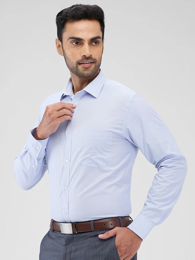 Park Avenue Blue Stripe Slim Fit Cotton Blend Formal Shirt - Image 3
