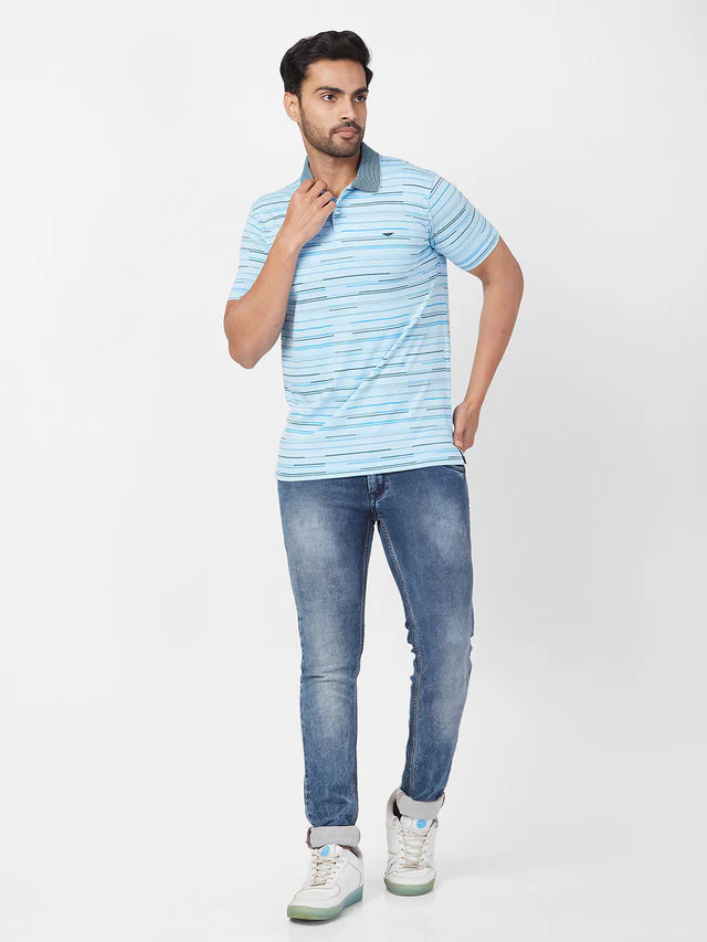 Park Avenue Blue Stripe Slim Fit Cotton Blend T-Shirt - Image 6