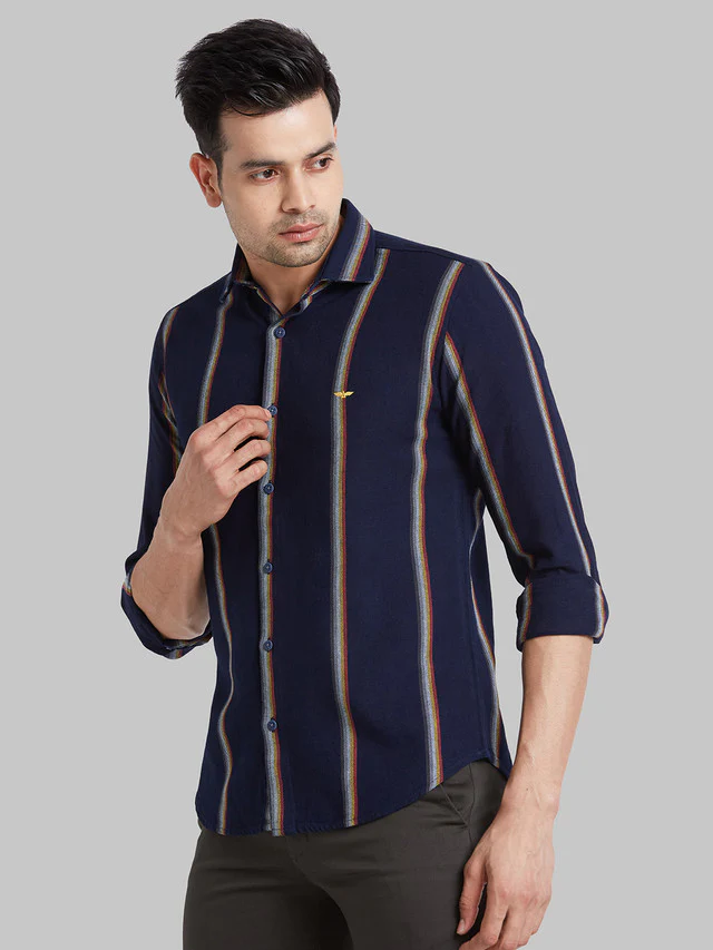 Park Avenue Blue Stripe Slim Fit Cotton Casual Shirt - Image 3
