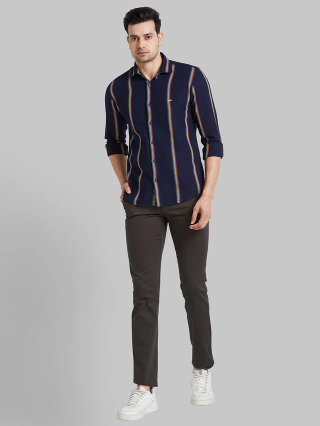 Park Avenue Blue Stripe Slim Fit Cotton Casual Shirt - Image 5