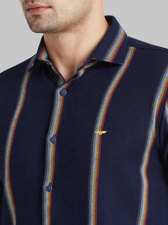 Park Avenue Blue Stripe Slim Fit Cotton Casual Shirt - Image 6