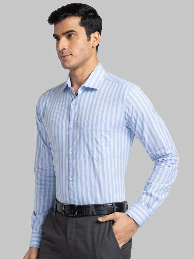 Park Avenue Blue Stripe Slim Fit Cotton Formal Shirt - Image 3