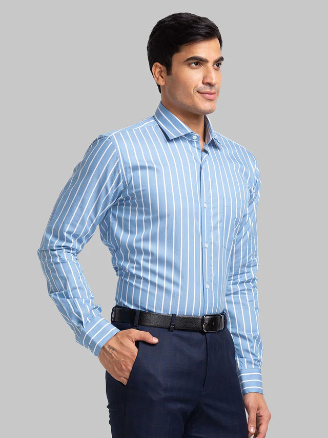 Park Avenue Blue Stripe Slim Fit Cotton Formal Shirt - Image 2