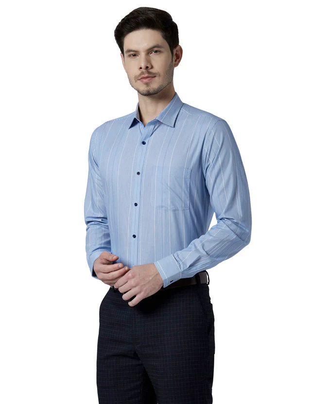 Park Avenue Blue Stripe Slim Fit Cotton Formal Shirt - Image 3