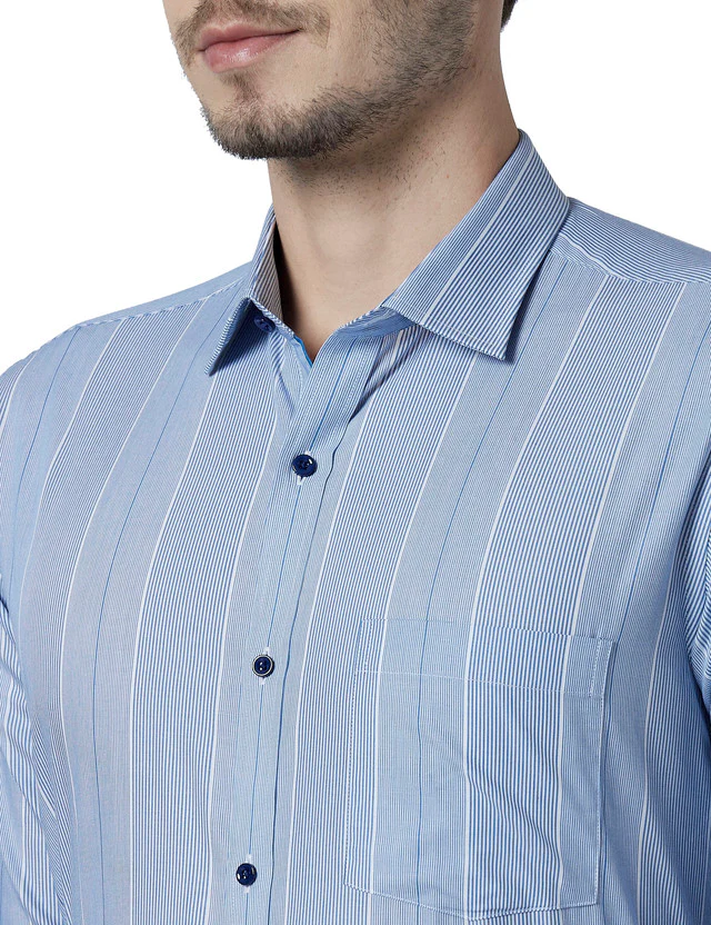 Park Avenue Blue Stripe Slim Fit Cotton Formal Shirt - Image 6