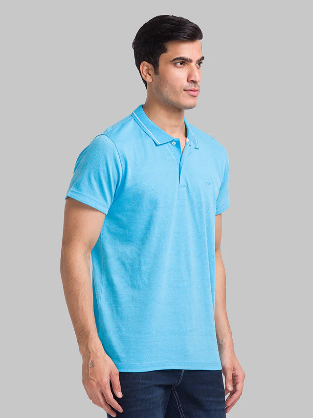Park Avenue Blue Stripe Slim Fit Half Sleeve Cotton T-Shirt - Image 2