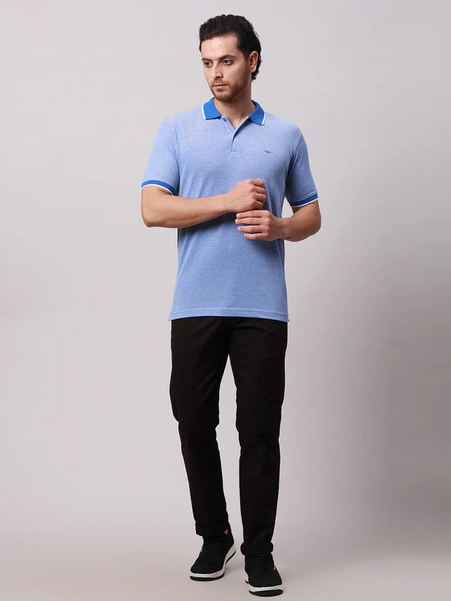 Park Avenue Blue Two Tone Slim Fit Half Sleeve Cotton Blend T-Shirt - Image 3