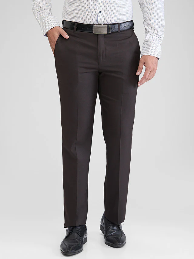 Park Avenue Brown Solid Smart Fit Polyester Blend Trouser