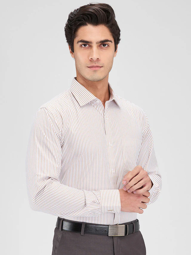 Park Avenue Brown Stripe Slim Fit Cotton Blend Formal Shirt - Image 2