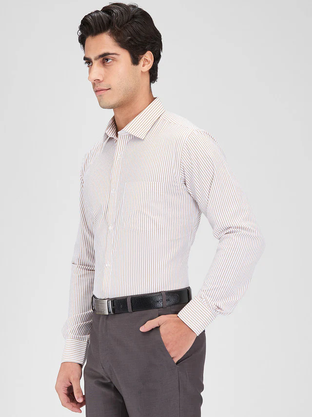 Park Avenue Brown Stripe Slim Fit Cotton Blend Formal Shirt - Image 3