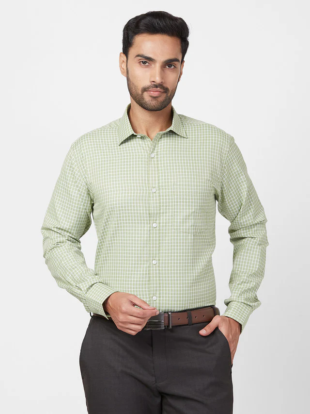 Park Avenue Green Checks Slim Fit Cotton Blend Formal Shirt