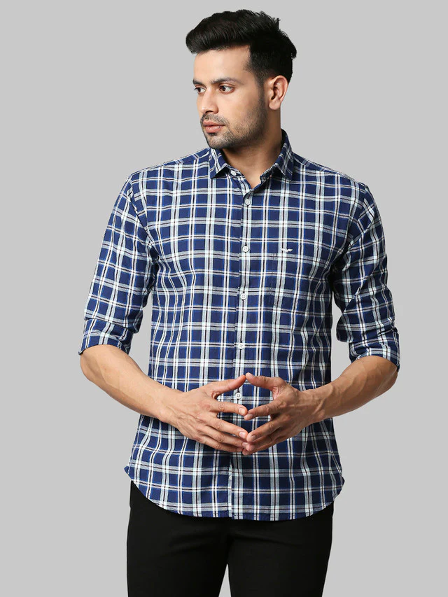 Park Avenue Blue Checks Slim Fit Cotton Casual Shirt