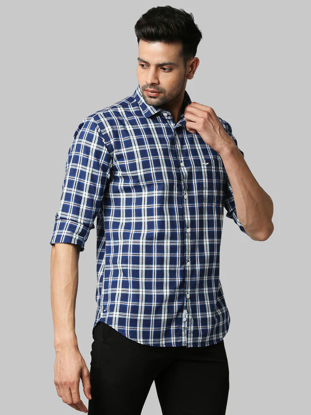 Park Avenue Blue Checks Slim Fit Cotton Casual Shirt - Image 2
