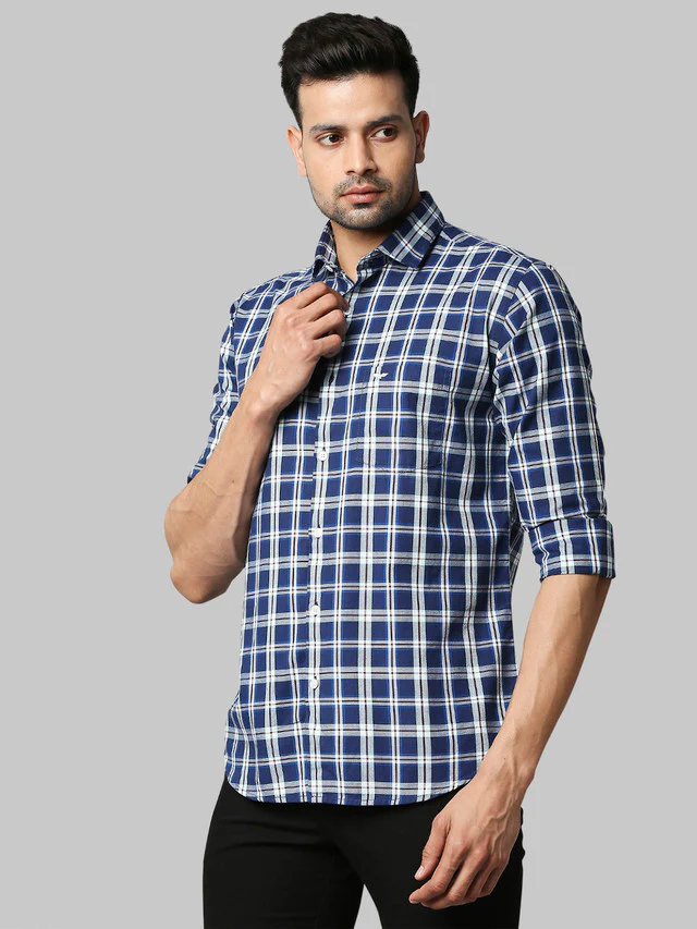 Park Avenue Blue Checks Slim Fit Cotton Casual Shirt - Image 3