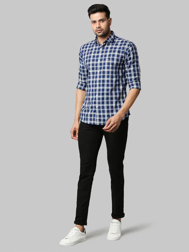 Park Avenue Blue Checks Slim Fit Cotton Casual Shirt - Image 5