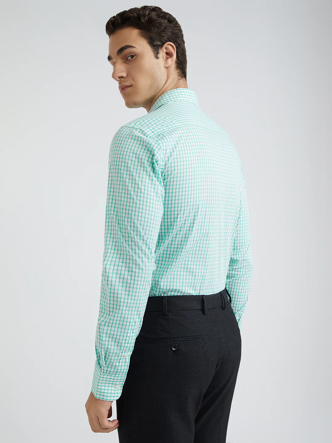 Park Avenue Green Checks Slim Fit Full Sleeve Cotton Shirt - Image 5