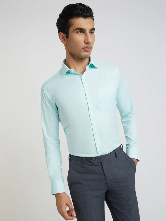 Park Avenue Green Plain Slim Fit Cotton Blend Formal Shirt