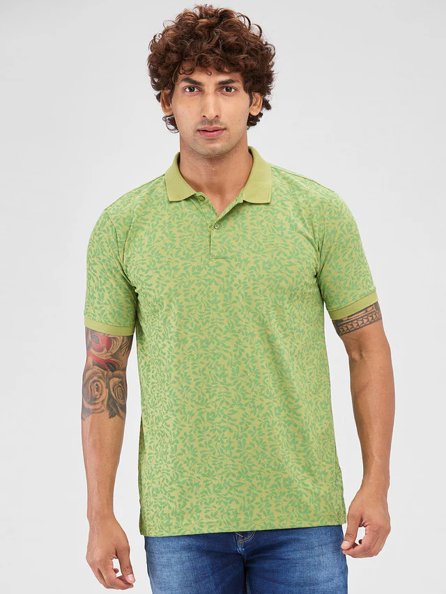 Park Avenue Green Printed Slim Fit Cotton Blend T-Shirt