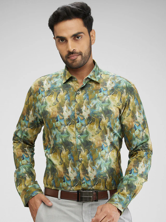Park Avenue Green Printed Slim Fit Cotton Casual Shirt