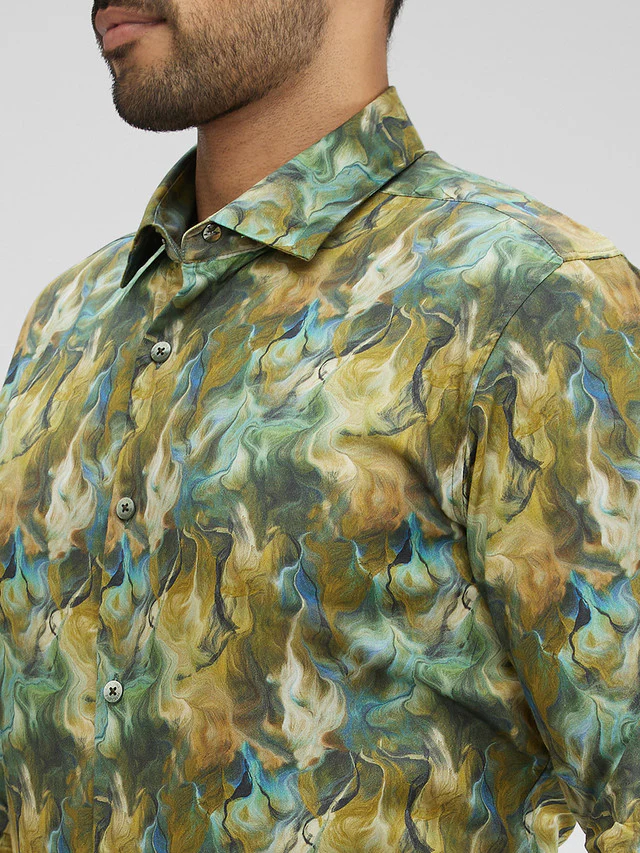 Park Avenue Green Printed Slim Fit Cotton Casual Shirt - Image 6