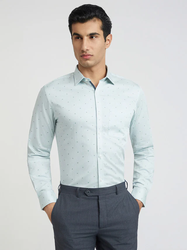 Park Avenue Green Printed Slim Fit Cotton Formal Shirt