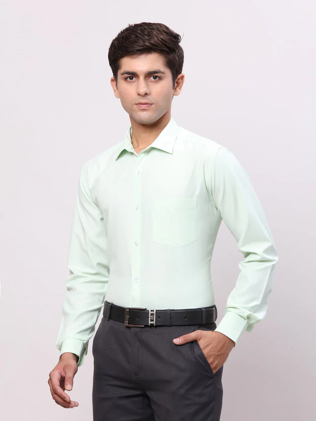 Park Avenue Green Solid Slim Fit Polyester Blend Formal Shirt - Image 3