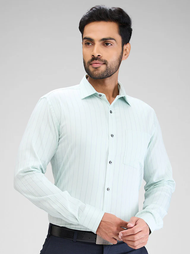 Park Avenue Green Stripe Slim Fit Cotton Formal Shirt - Image 2