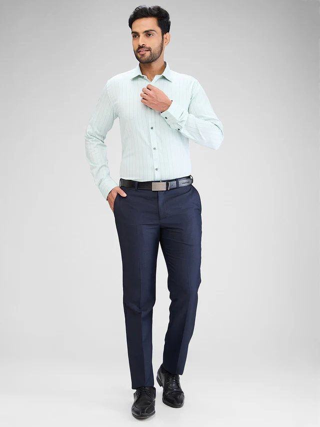 Park Avenue Green Stripe Slim Fit Cotton Formal Shirt - Image 5