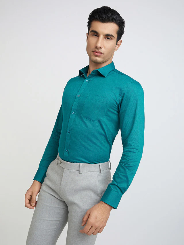 Park Avenue Green Structure Slim Fit Cotton Formal Shirt - Image 3
