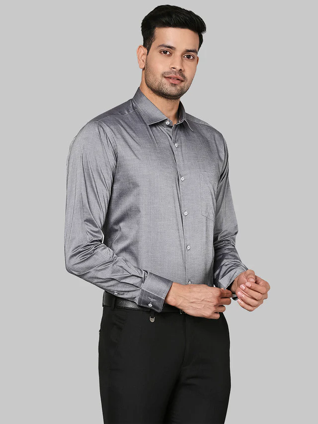 Park Avenue Grey Solid Regular Fit Cotton Formal Shirt - Image 2