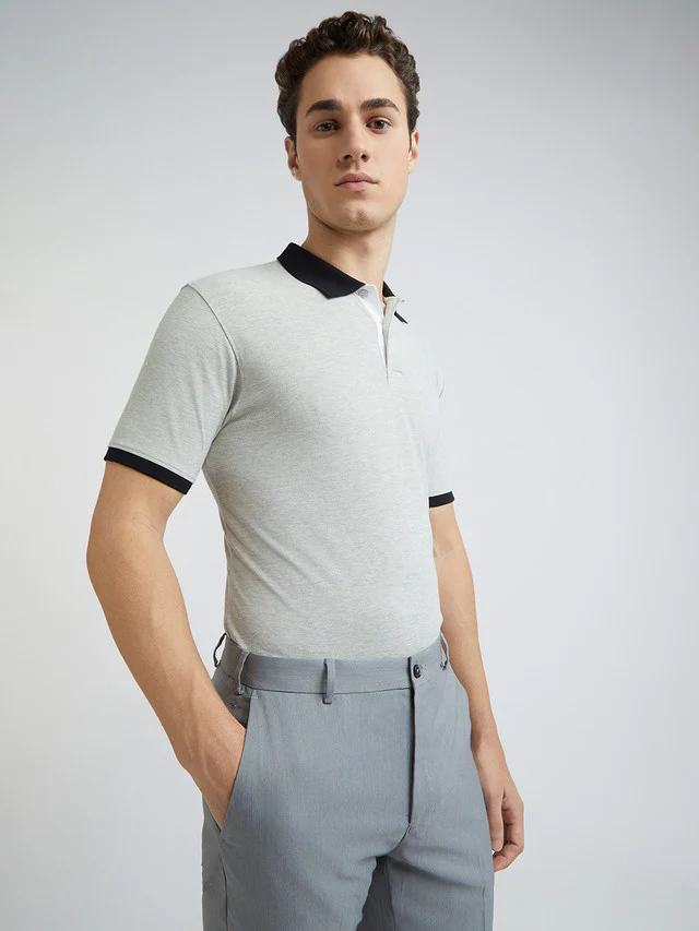 Park Avenue Grey Solid Slim Fit Cotton Blend T-Shirt - Image 2