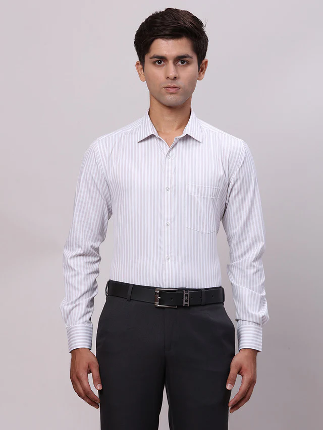 Park Avenue Grey Stripe Slim Fit Cotton Blend Formal Shirt