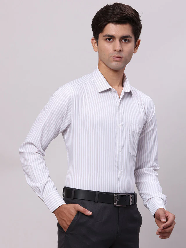 Park Avenue Grey Stripe Slim Fit Cotton Blend Formal Shirt - Image 2