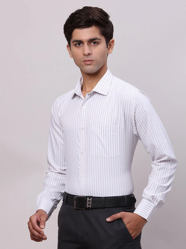 Park Avenue Grey Stripe Slim Fit Cotton Blend Formal Shirt - Image 3