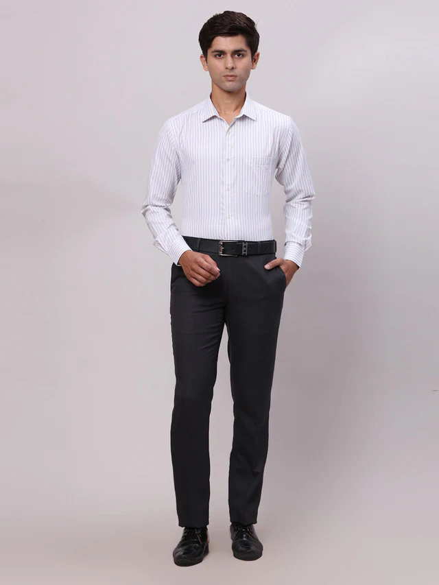 Park Avenue Grey Stripe Slim Fit Cotton Blend Formal Shirt - Image 5