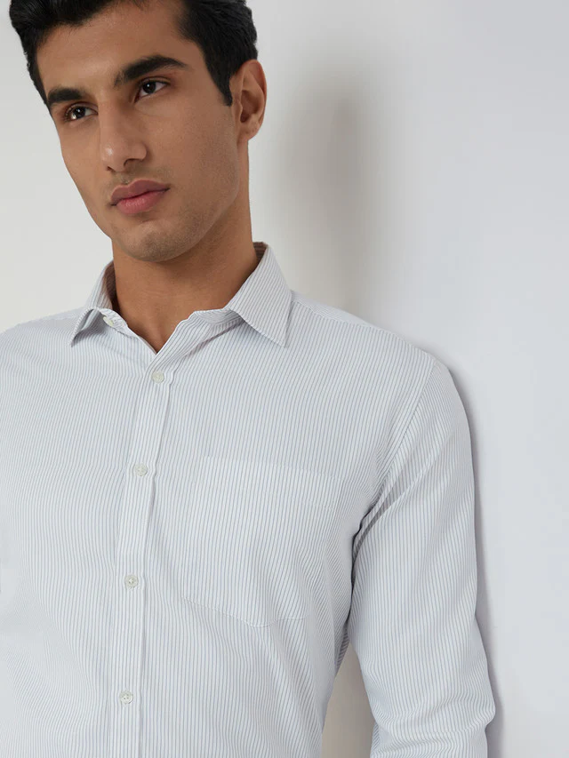 Park Avenue Men White Striped Slim Fit Cotton Blend Formal Shirt - Image 6