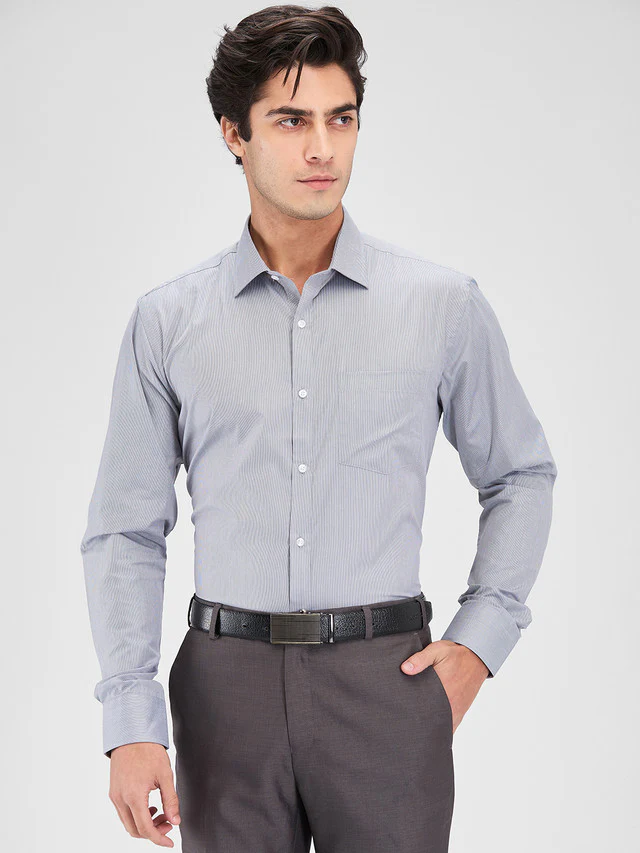 Park Avenue Grey Stripe Slim Fit Cotton Blend Formal Shirt