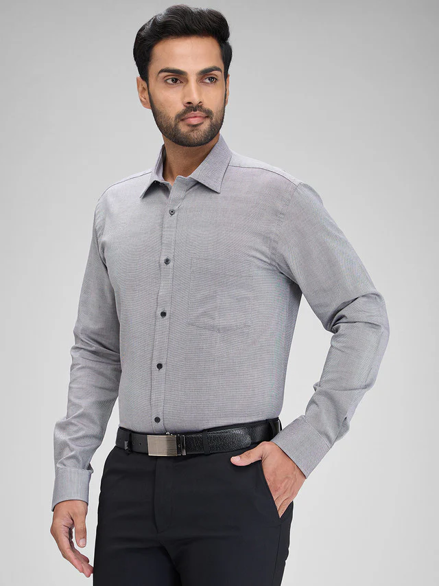 Park Avenue Grey Structure Slim Fit Full Sleeve Cotton Shirt - Image 3