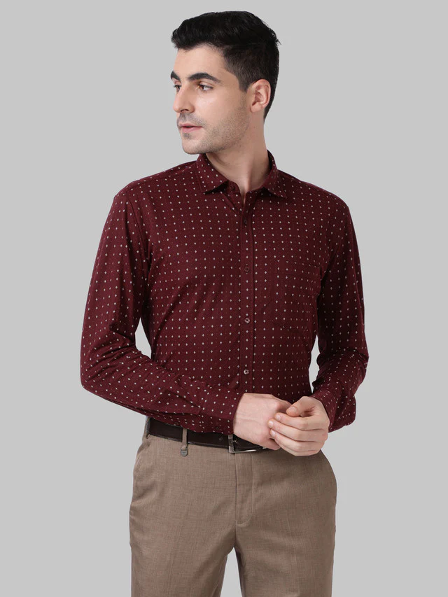 Park Avenue Maroon Printed Slim Fit Cotton Blend Formal Shirt
