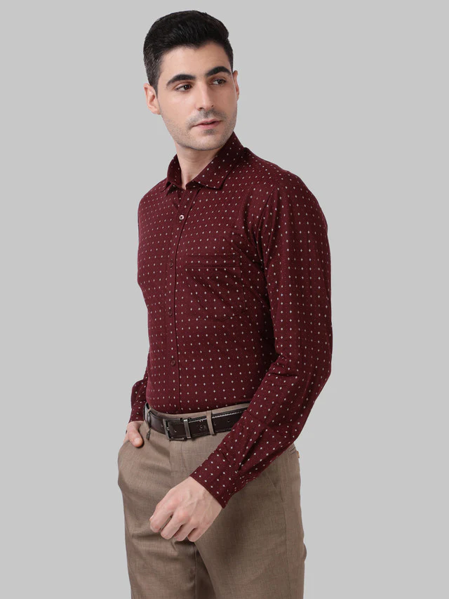 Park Avenue Maroon Printed Slim Fit Cotton Blend Formal Shirt - Image 3