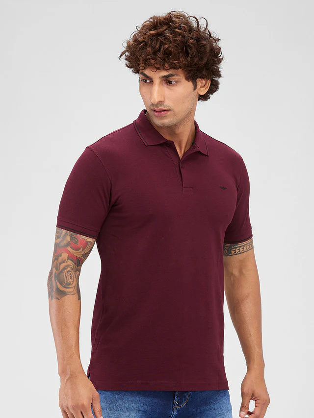 Park Avenue Maroon Solid Slim Fit Cotton Blend T-Shirt - Image 2