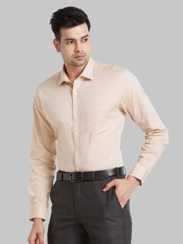 Park Avenue Men Beige Solid Regular Fit Full Sleeve Semi Cut Away Collar Shirt - Image 3
