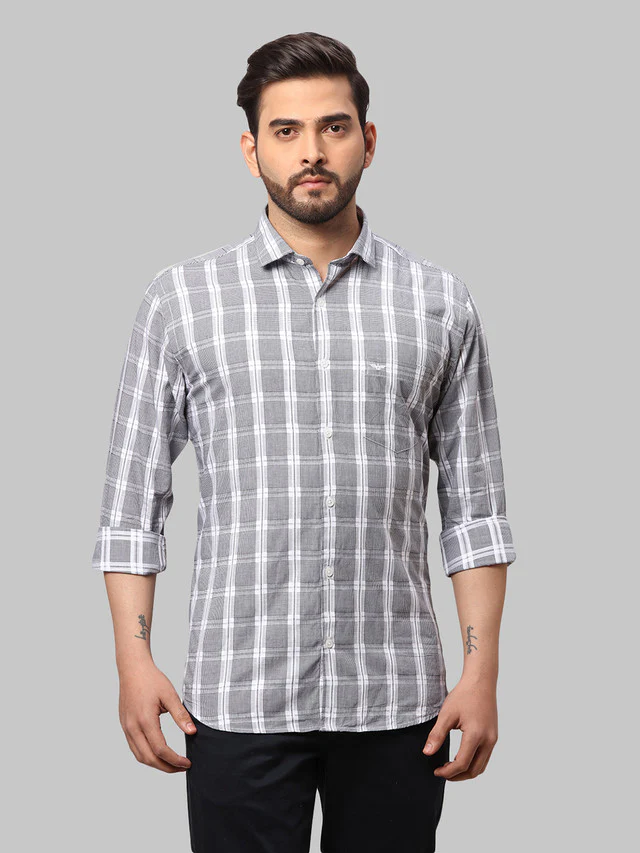Park Avenue Men Grey Checkered Slim Fit Cotton Casual Shirt